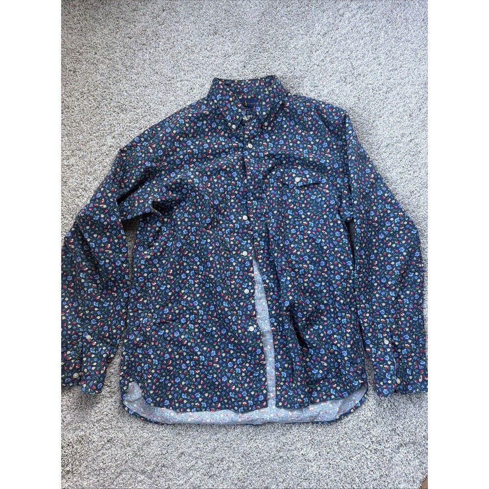 Polo Ralph Lauren Mens L Floral Button Down Shirt Short Sleeve Navy Blue Cotton